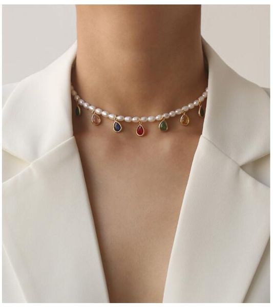 

necklaces colorful zirconia beads natural real pearl necklace women jewelry party designer t show runway gown japan korean, Silver