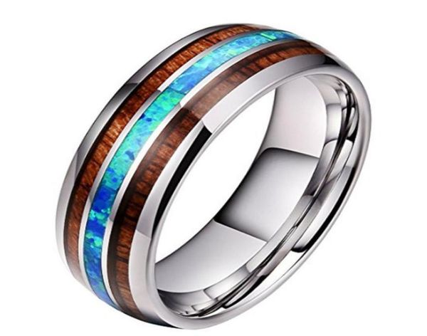 

8mm wide wood and blue opal stainless steel rings for men women never fade wooden titanium steel finger ring fashion jewelry gift7862232, Silver