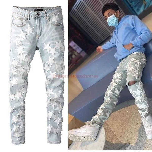 

designer clothing amires jeans denim pants amies fashion 690 high street fashion brand light color knife cut hole jeans mens white star patc, Blue