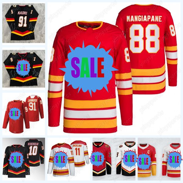 

calgary #88 andrew mangiapane hockey jersey flame 10 jonathan huberdeau 91 nazem kadri 11 mikael backlund 28 elias lindholm 63 ruzicka 17 mi, Black;red