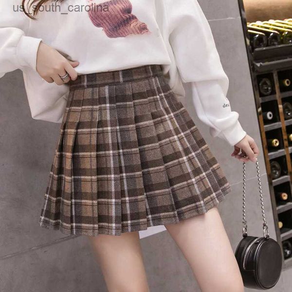 

skirts women's plaid pleated woolen a-line mini skirt high waist sweet female short skirts 2023 summer spring girls preppy style skirt, Black