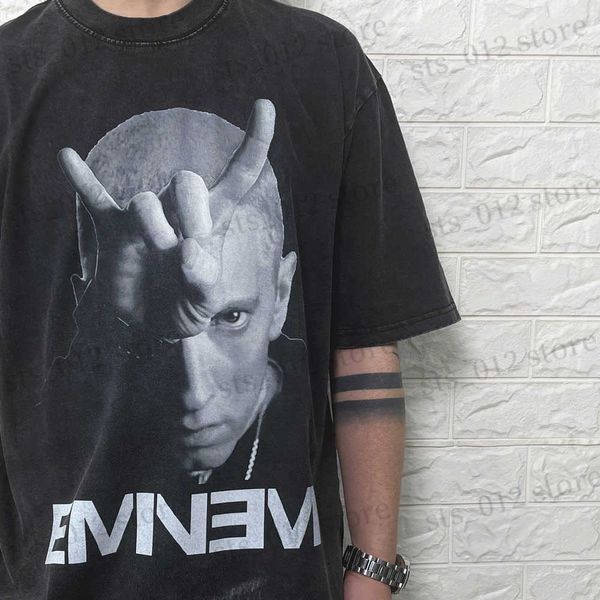 

men's t-shirts street hip hop rapper eminem personage graphics vintage retro washing oversized loose tee t shirt for men t230523, White;black