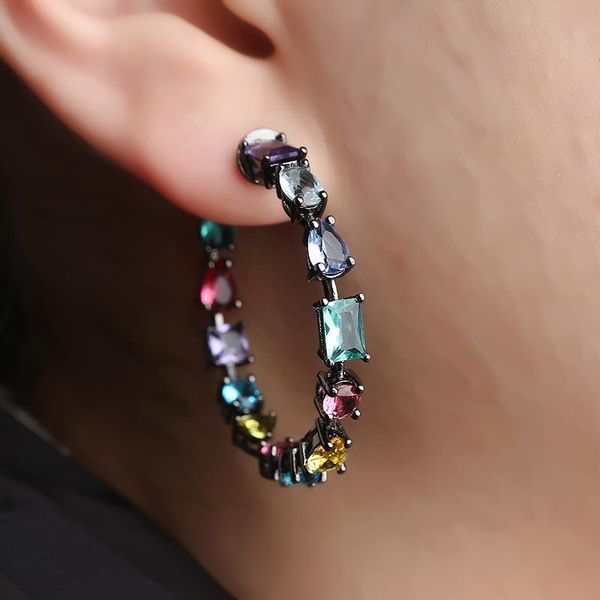 

huggie circle hoop earrings pave multi colorful zirconia stone for women gift round shape clear crystal vintage earring fashion jewelry, Golden;silver