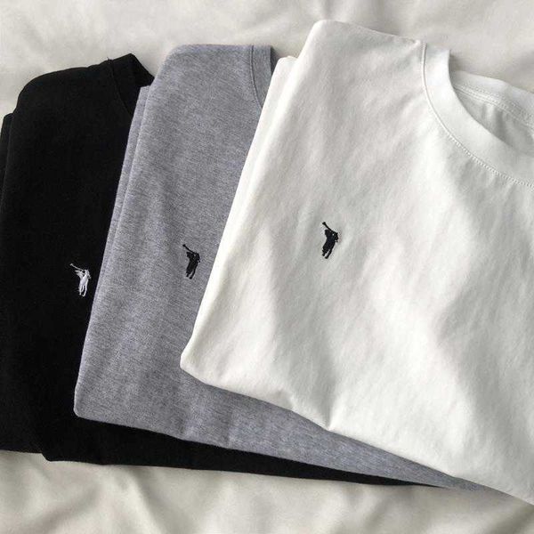 

american t simple everyday versatile pony embroidery front shoulder short sleeve round neck slim white tee underlay top, White;black