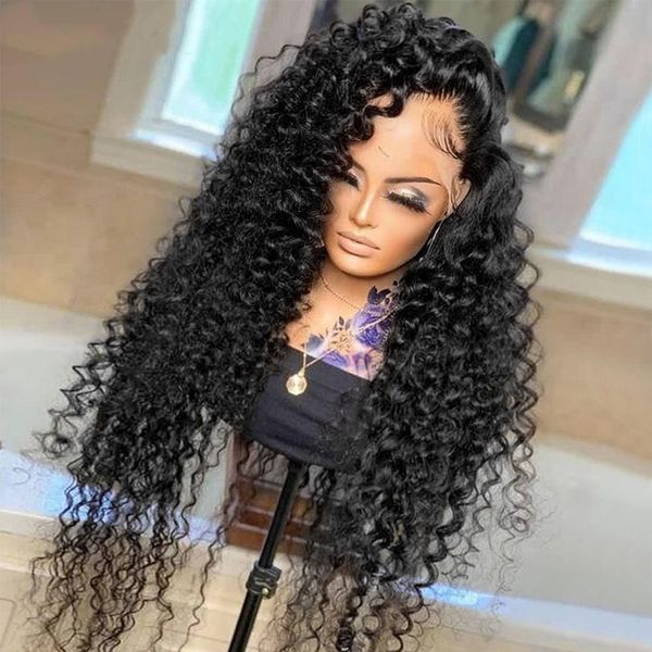 

New Brazilain Deep Wave Lace Frontal Wig 360 Lace Curly Human Hair Wigs For Black Women Black /Brown/Blonde /Burgundy Red Water Wave Synthetic Wig, Black color like picture show