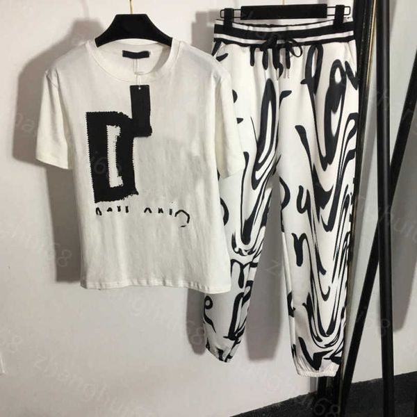 

23ss casual suit womens designer clothing women pants sets monogram printed cotton short sleeve t-shirt elastic waist casual pants set women, White