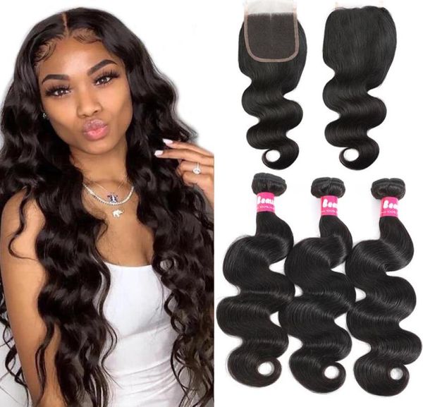 

brazilian hair 3 bundles body wave with lace closure unprocessed brazilian human hair with 4x4 closure7269612, Black