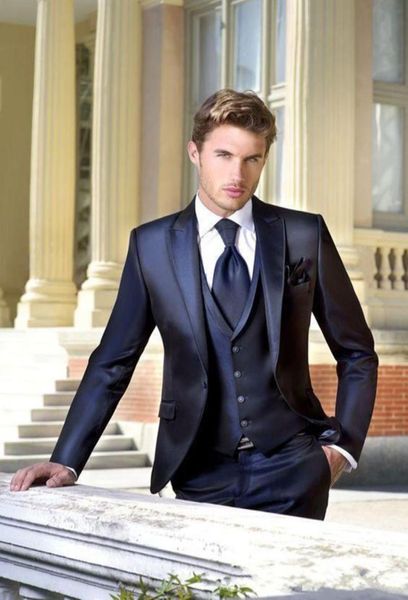 

new one button groomsmen peak lapel navy blue groom tuxedos 3 piece men suits weddingprom man blazer jacketpantsvesttie3364437, Black;gray