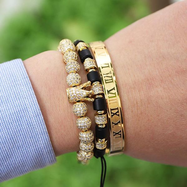 

bangle new fashion men jewelry bracelet luxury cz micro pave crown onyx beads stainless steel roman bangle bracelet men, Black