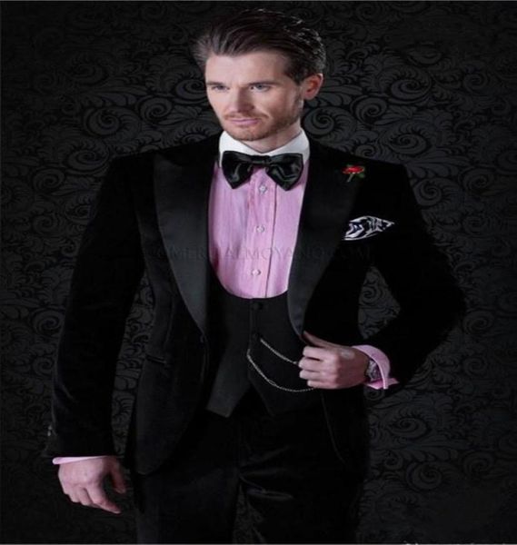 

new arrival one button black velvet wedding groom tuxedos peak lapel groomsmen mens business party suits jacketpantsvesttie 53291595, Black;gray