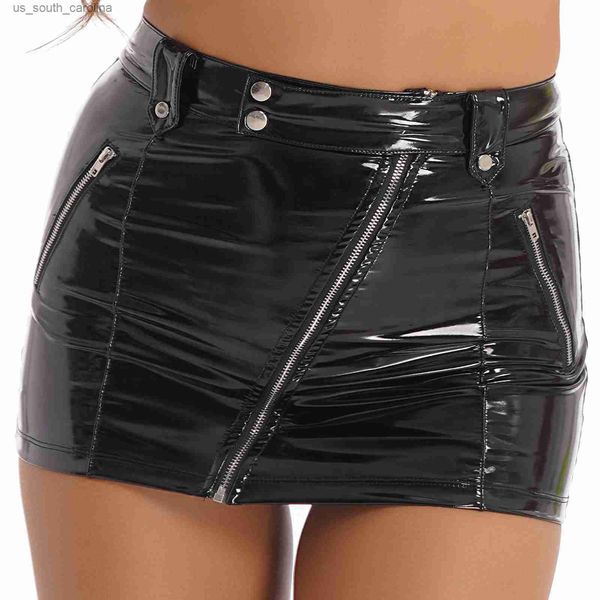 

skirts womens high waist slanted zipper black short mini skirts festival rave party clubwear wet look patent leather mini skirt l230522