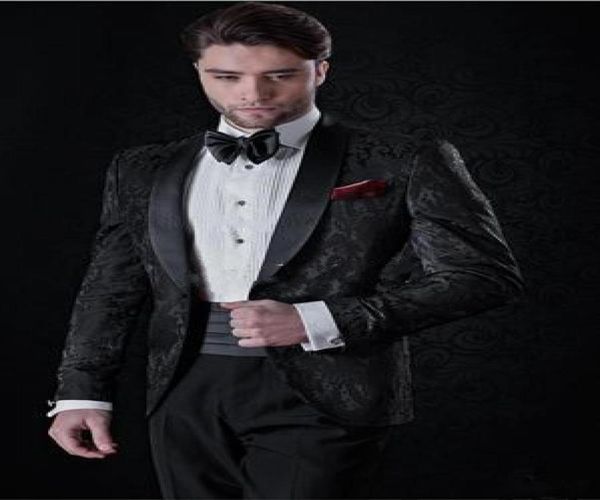 

new popular handsome one button black patterns wedding groom tuxedos shawl lapel groomsmen men suits prom blazer jacketpantstie8934252, Black;gray