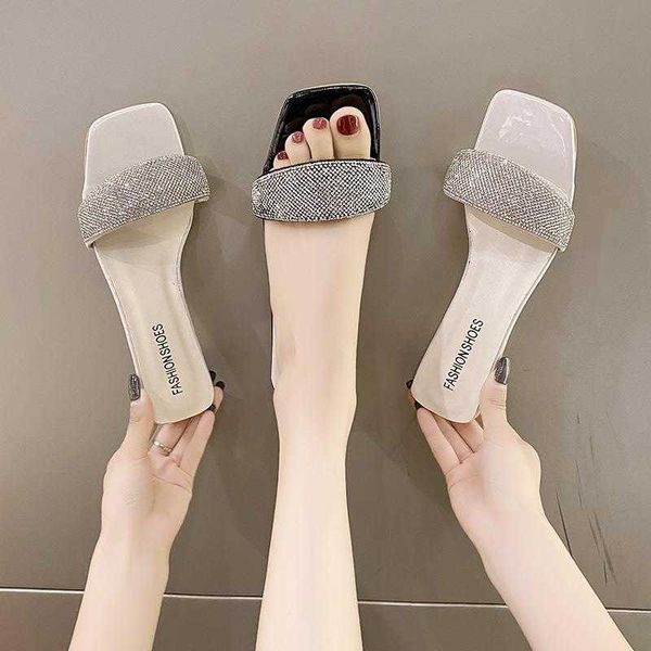 

sandals ladies shoes for women fashion rhinestones party high heels square toe slides woman pumps female 230417, Black