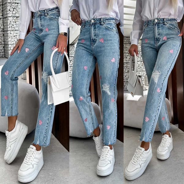

2023 new women's jeans designer temperament commuter washed hole print love loose straight women's jeans, Blue