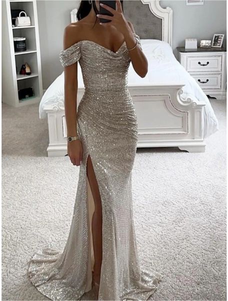 

sparkle silver mermaid women evening party dress 2023 off shoulder sequined ruched slit formal prom gowns arabic dubai robe de soiree, Black;red