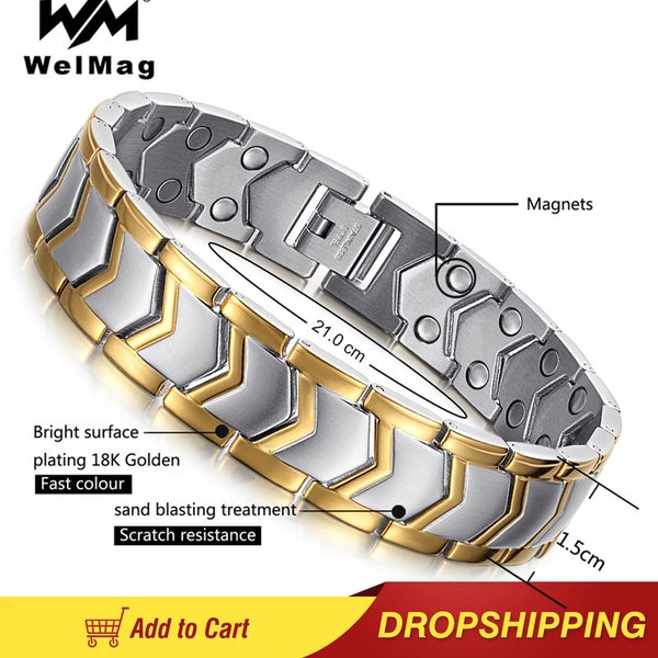 

bangle welmag high polishing men's stainless steel magnetic bracelet for men health double row bracelet bangle for charm, Black