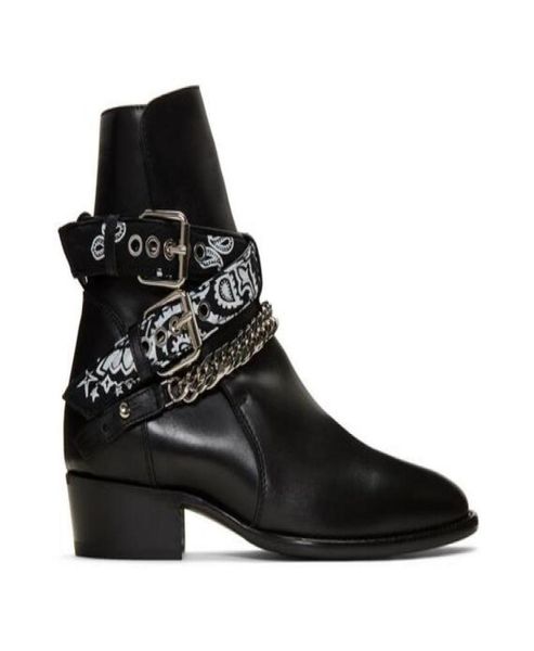 

man new brand ami ri black genuine leather fashion bandana buckle boots anklehigh buffed leather chain hardware western shoes boo1823232