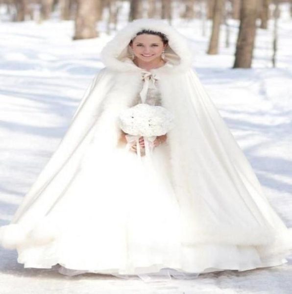 

2020 retro custom made white winter bridal wraps jackets gorgeous satin hooded wedding coat dresses formal bridal cape wrap faux7846287