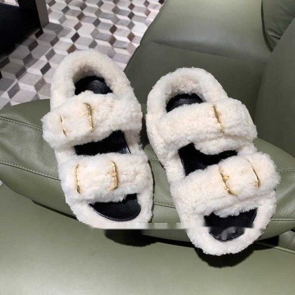 

sandals autumn natural wool fur flat heel buckle strap casual fashion girl's shoes designer zapatos de mujer, Black