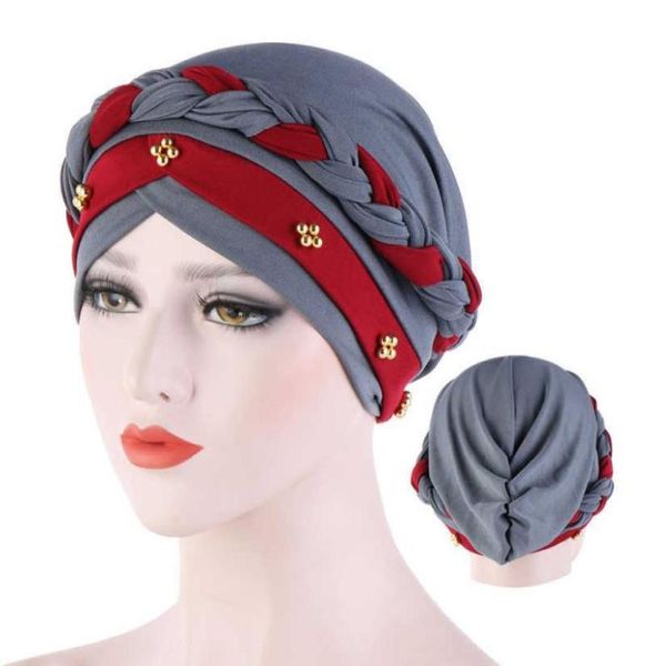 

twocolor beaded braid hijab caps spring and autumn muslim wrap turban cap fashion cotton inner hijabs bonnet ready to wear x08033564780, Blue;gray
