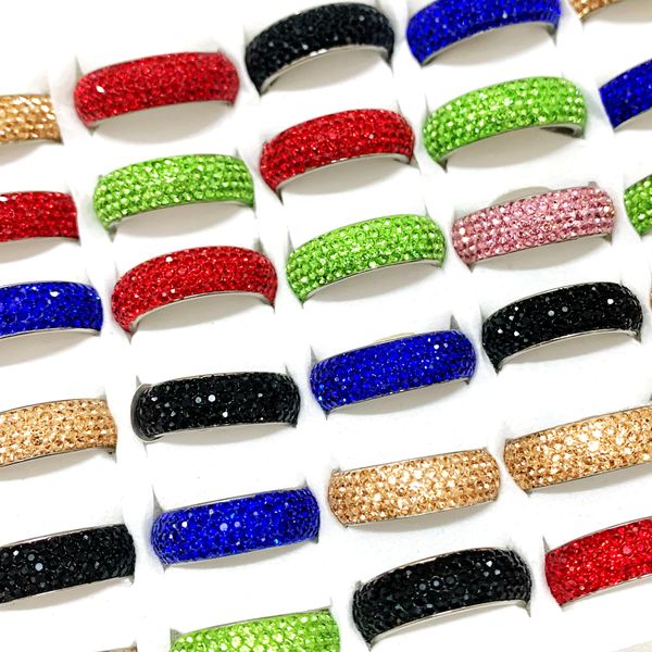 

wholesale30pcs 8mm colorful crystal zircon wedding rings women stainless steel fashion luxury lovers anniversary gift jewelry bulk lots, Slivery;golden