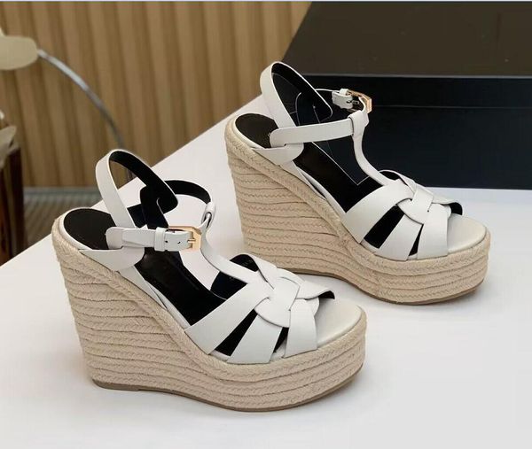 

summer designer platform sandal high heel shoes women cassandra wedge espadrille ladies high heels ankle wedding footwear original box eu35-, Black