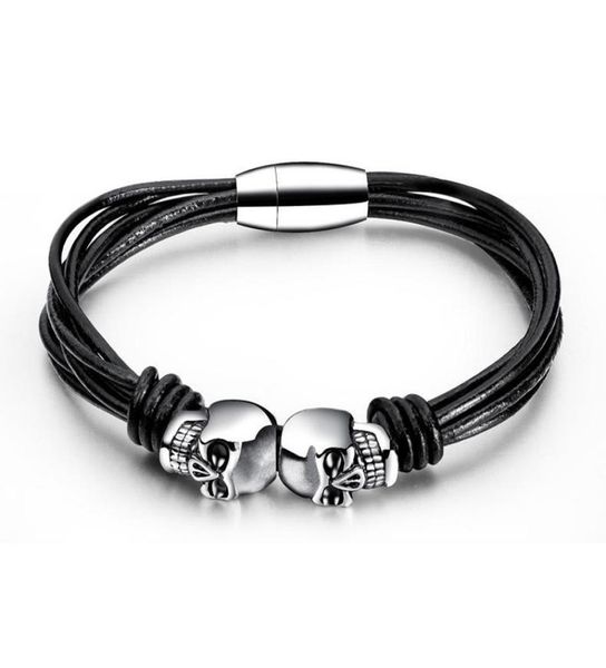 

fashion jewelry mens charm braid multilayer leather skull bracelet finding stainless steel magnetic buckle design punk bracelets f4274763, Golden;silver