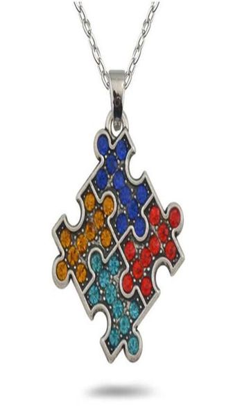 

20pcslot inglesided enamel puzzle card crystal autism charm link chain pendant necklaces rhodium plated for jewelry making5807290, Silver