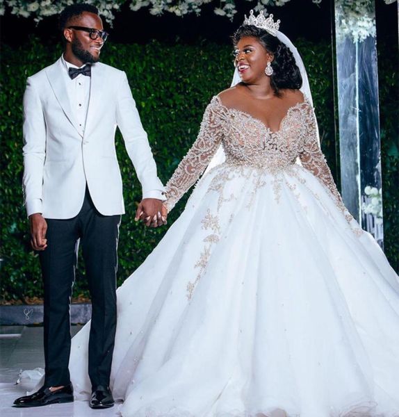 

gorgeous white plus size wedding dresses african women beaded long sleeves crystal sheer jewel see though bridal dress custom 5452236