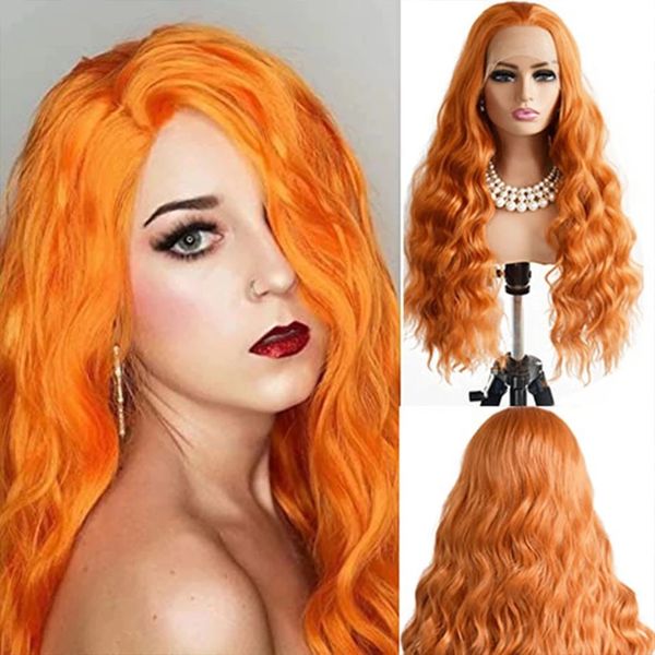 

orange ginger synthetic hair wig long wavy lace front wigs for women halloween cosplay party daily natural wave heat resistant, Black