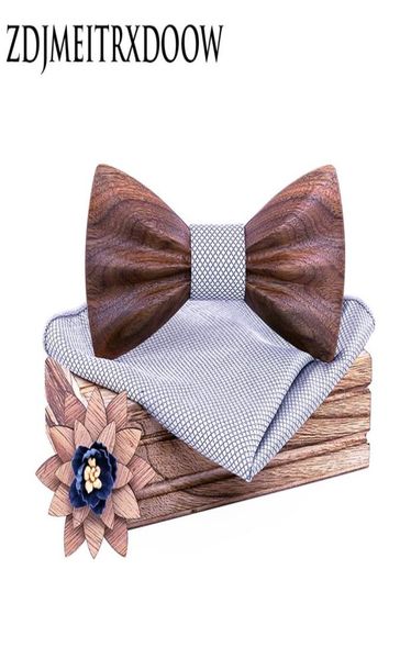 

new design wood bow tie for wedding solid plaid pocket square cufflinks brooch bowtie set suit mens hanky ties cadeau homme 2010273572495, Blue;purple