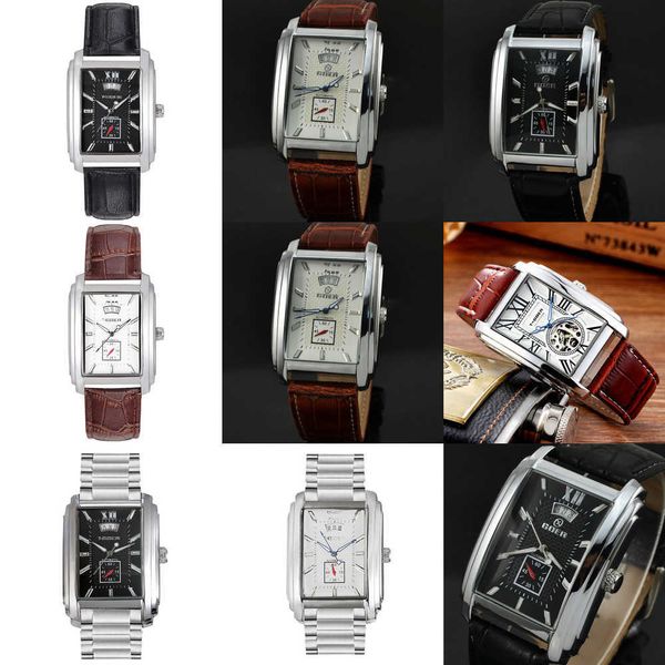 

watches boutique men's calendar leather belt business rectangular casual men's mechanical watch faces automatic watch luxury brand, Slivery;black