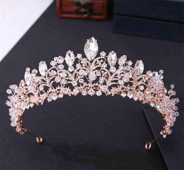 

baroque luxury rose gold crystal beads heart bridal tiaras crown big pageant diadem headband wedding hair accessories 2107011580330, Slivery;golden