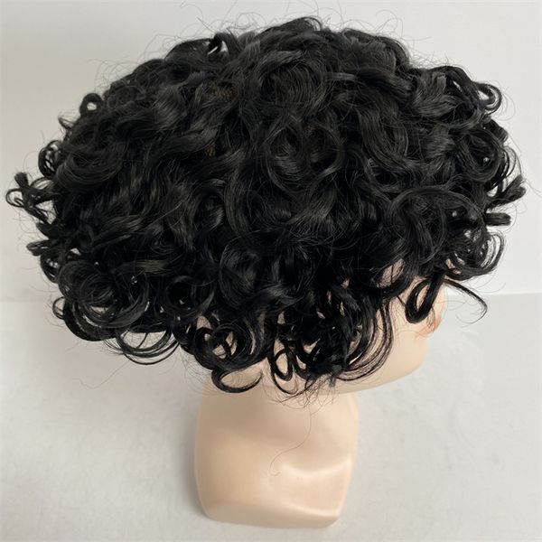 

brazilian virgin human hair replacement 1# jet black color loose curl swiss lace unit 8x10 full lace toupee for men