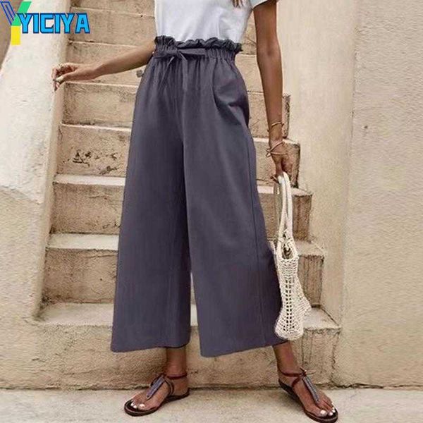 

yiciya women's pants summer casual baggy elastic waist wide leg fashion loose ankle-length office lady solid trousers pantalon, Black;white