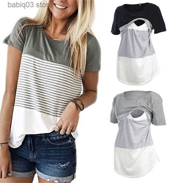 

maternity tees women maternity breastfeeding tee nursing striped short sleeve t-shirt plus size s-2xl maternity clothing tees t230523, White