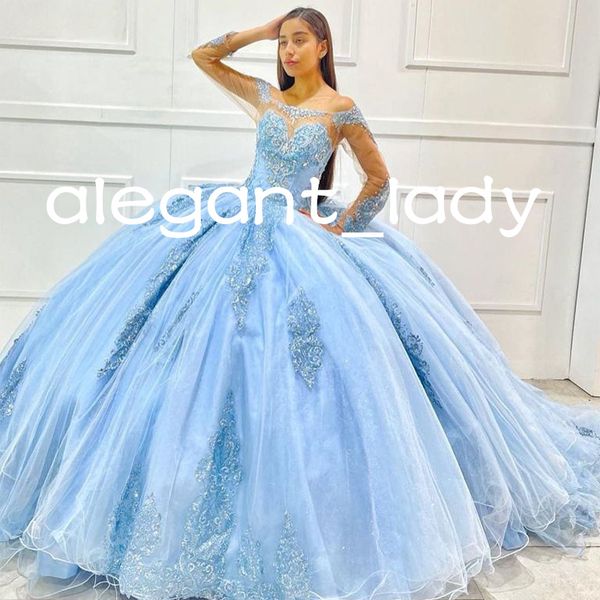 

sky blue quinceanera dresses off shoulder beaded appliques long sleeve puffy lace-up corset prom vestido de baile 15 anos, Blue;red