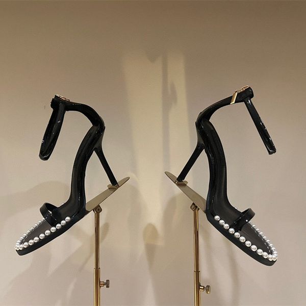 

summer lady women sandals black genuine leather pearls ankle wrap strap strappy high heels sandalias sandals party shoes designers bridal sh
