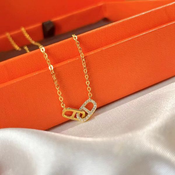 

luxury h brand horseshoe designer pendant necklaces for women 18k gold shining bling crystal diamond link chain choker letters necklace part, Silver