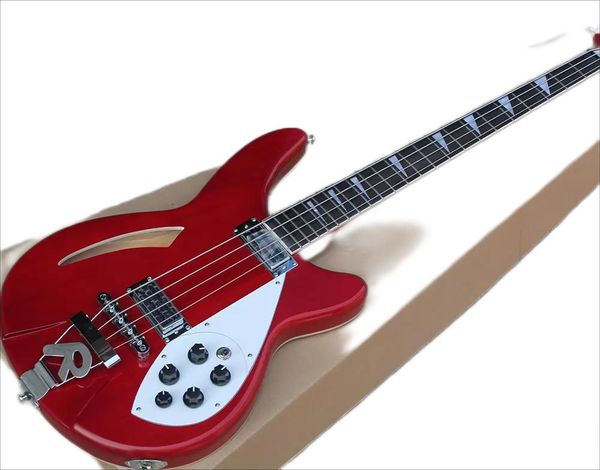 

factory custom semi-hollow red electric bass guitar with white pickguard,rosewood fingerboard,5 knobs,offer customized