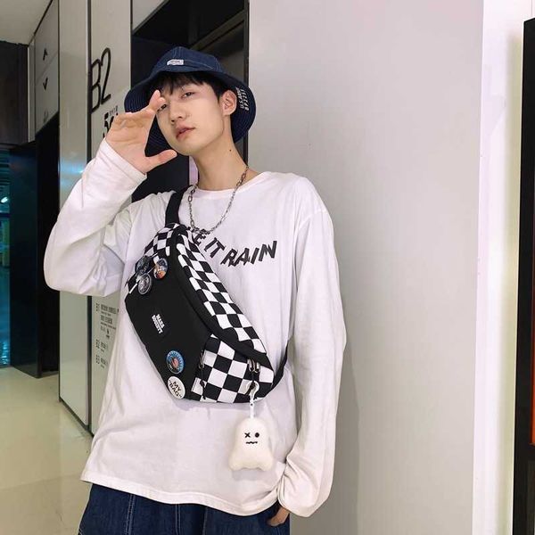 

trendy checkered waist bag fashion chest bag for men and women personalized sports style student one shoulder crossbody casual small body 23