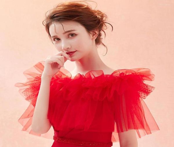 

wraps summer one shoulder red wrap ruffle wonderful women tulle shawl lady party prom accessory cool special wedding bridal5282936, White