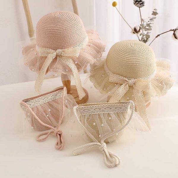 

caps hats baby girls' straw handbag lace bow wide brim sunscreen children's summer beach panama hat g220522, Yellow