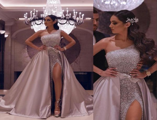 

2021 rose gold arabic sequined prom dresses one shoulder sequins lace overskirt detachable train side split overskirts plus s5556041, Black
