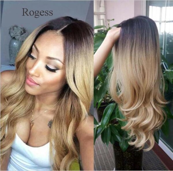 

fashion ombre blonde womens hair long wave wig01234566398248, Black
