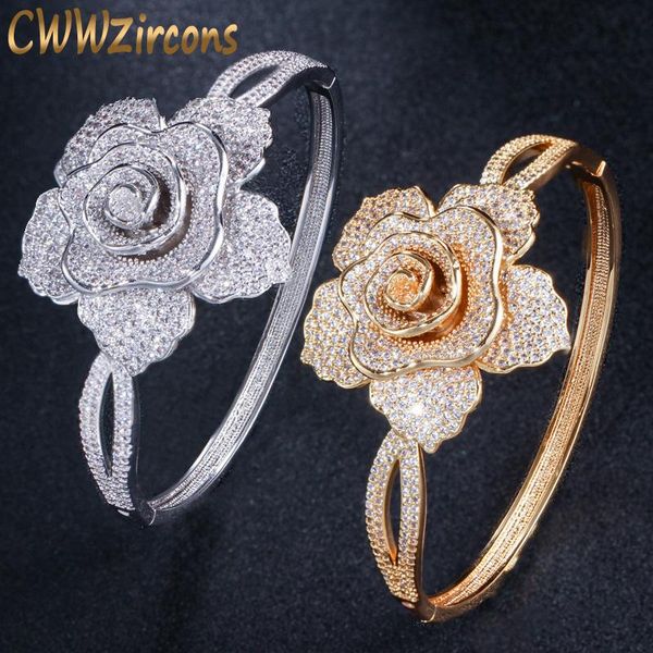 

bangle cwwzircons open cuff style cubic zirconia yellow gold color big geometric flower bangles luxury brand jewelry for women bg021, Black