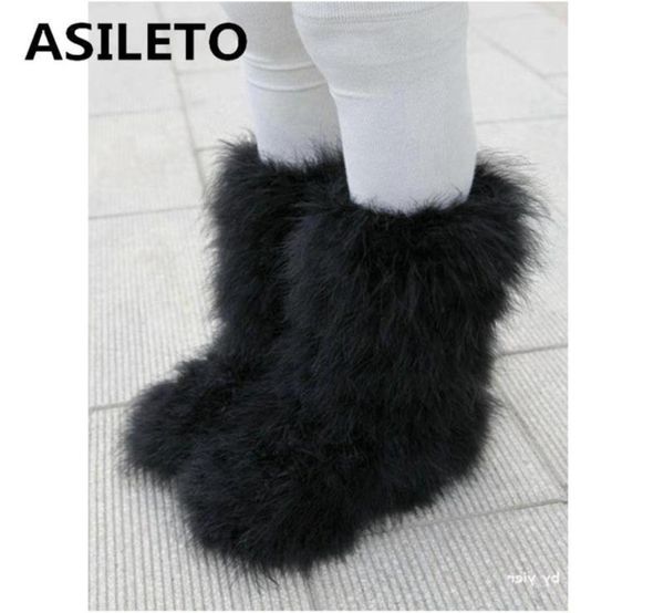 

asileto winter boots women real hairy ostrich feather furry fur flats plush ski outdoor eskimo boots fluffy shoes bootie t553 20109261821, Black