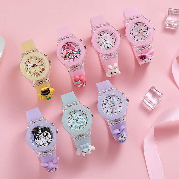 

jelly colored soft children's doll watch with glow in the night, colorful flash, and cartoon watch for school students light, Slivery;black