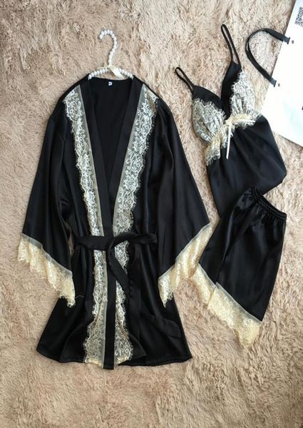

solid women pyjamas lace sleepwear female summer satin pajamas for women pijama kimono elegant silk pajamas3137067, Red;black