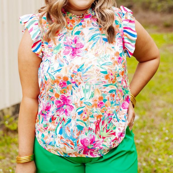

multicolor plus sizie striped ruffle sleeve floral blouse, White